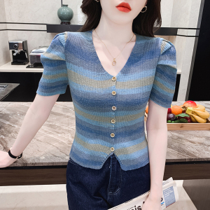 RM9227#短袖女夏季新款彩虹条纹开衫上衣针织修身别致独特女装潮