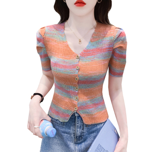 RM9227#短袖女夏季新款彩虹条纹开衫上衣针织修身别致独特女装潮