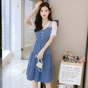 RM18327#时尚假两件2023年拼接修身显瘦遮肉小个子气质软牛仔休闲连衣裙