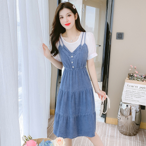 RM18327#时尚假两件2023年拼接修身显瘦遮肉小个子气质软牛仔休闲连衣裙