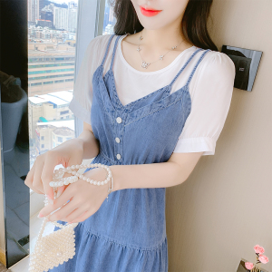 RM18327#时尚假两件2023年拼接修身显瘦遮肉小个子气质软牛仔休闲连衣裙