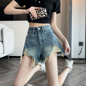 RM9357#复古破洞牛仔短裤女夏季薄款美式高腰设计感撞色a字阔腿辣妹热裤