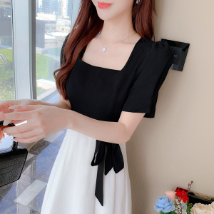 RM18328#法式赫本风设计感方领收腰显瘦连衣裙拼色小众长裙