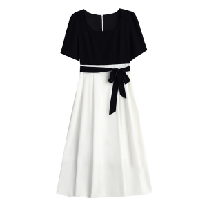 RM18328#法式赫本风设计感方领收腰显瘦连衣裙拼色小众长裙