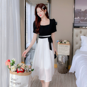 RM18328#法式赫本风设计感方领收腰显瘦连衣裙拼色小众长裙