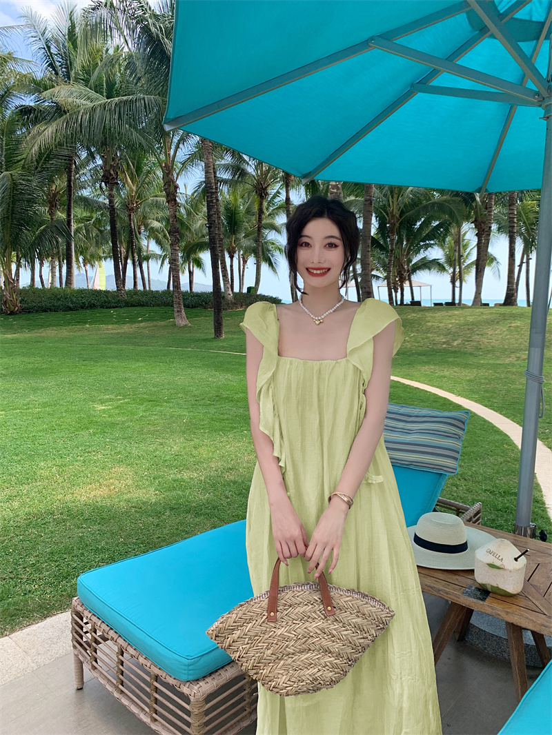 dressholic 法式露背荷葉飄帶吊帶連衣裙 度假風性感溫柔慵懶裙子