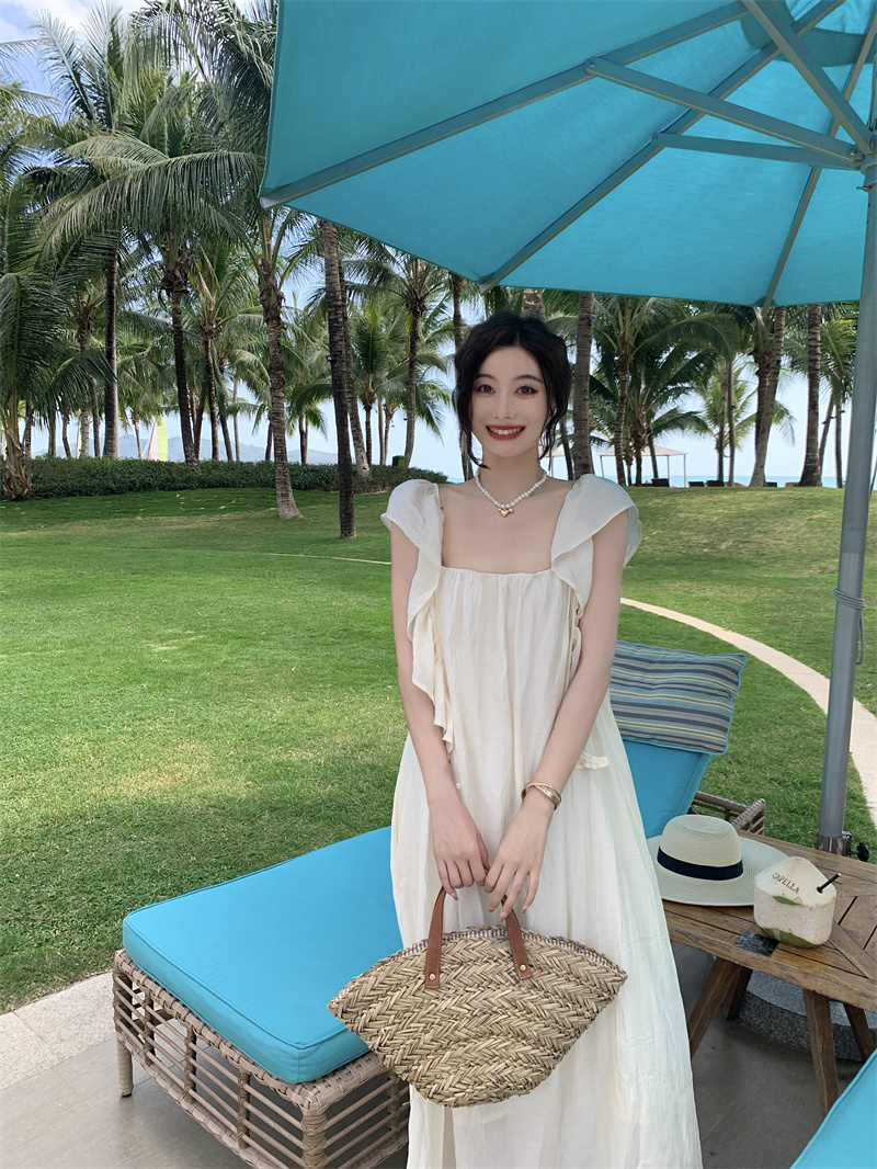 dressholic 法式露背荷葉飄帶吊帶連衣裙 度假風性感溫柔慵懶裙子