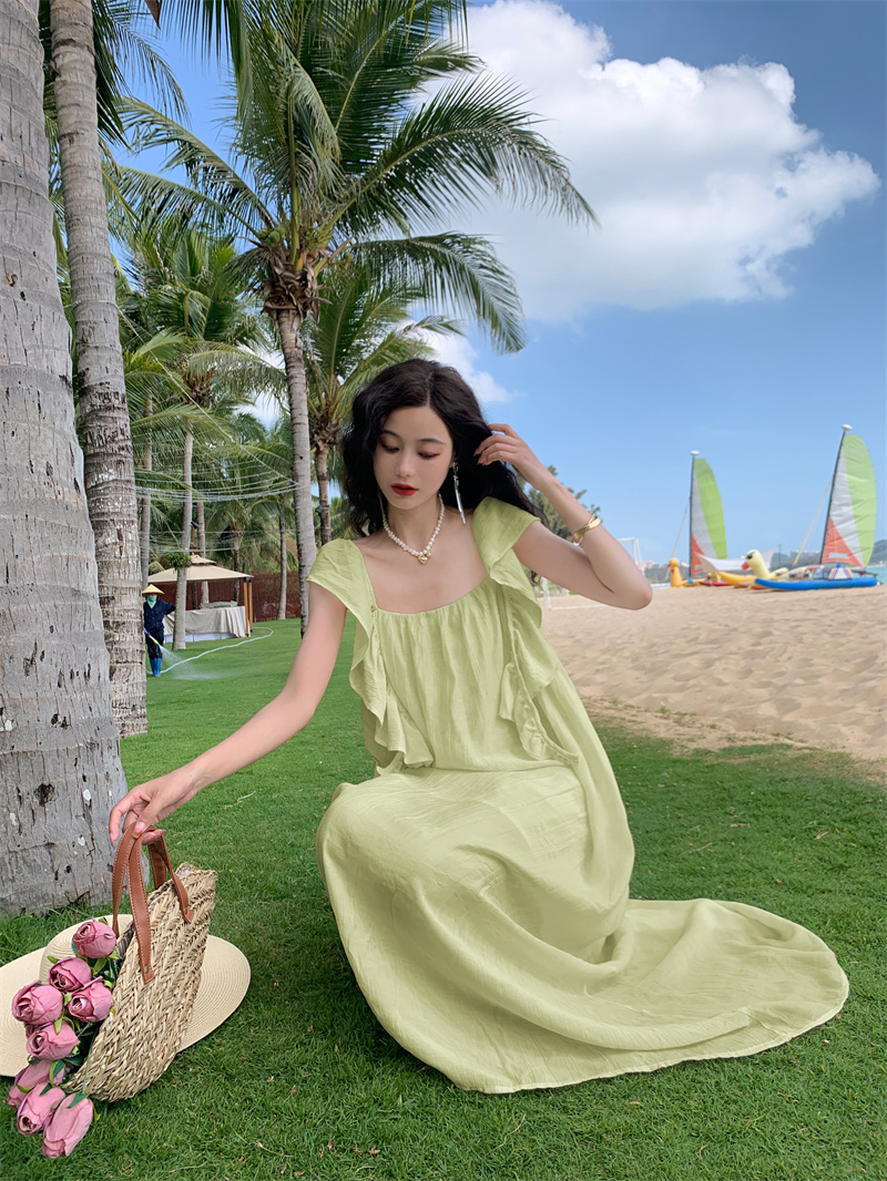 dressholic 法式露背荷葉飄帶吊帶連衣裙 度假風性感溫柔慵懶裙子