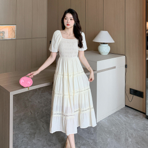 RM10689#夏季新款法式方领纯色褶皱连衣裙气质优雅蕾丝拼接蛋糕裙