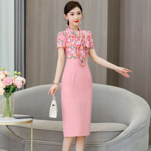 RM9162#粉色正式场合连衣裙2023夏季气质短袖减龄高级感显瘦一步裙