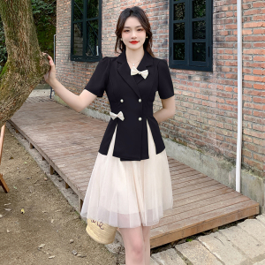 RM14956#夏季时尚翻领西装气质上衣蝴蝶结网纱半身裙两件套