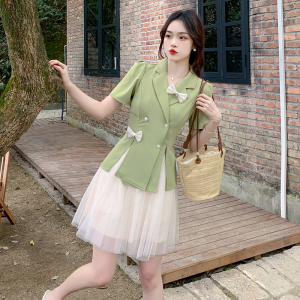 RM14956#夏季时尚翻领西装气质上衣蝴蝶结网纱半身裙两件套