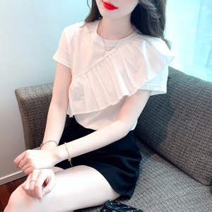 RM11037#白色t恤女纯棉设计感小众夏季2023年新款荷叶边短袖上衣女高级感