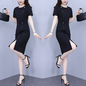 RM10112#夏季新款胖mm时尚气质显瘦单排扣连衣裙