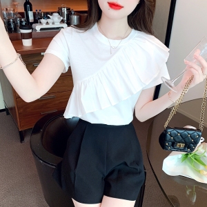 RM11037#白色t恤女纯棉设计感小众夏季2023年新款荷叶边短袖上衣女高级感