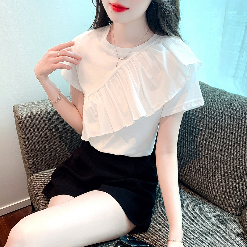 白色t恤女純棉設計感小眾夏季2026年新款荷葉邊短袖上衣女高級感