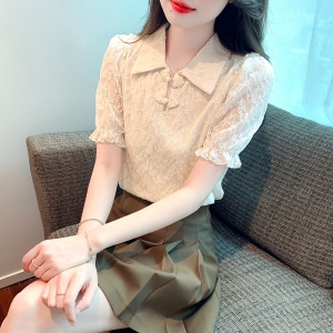 RM11043#泡泡袖蕾丝上衣女夏季短袖2023年新款设计感小众法式高级感衬衫女