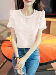 RM9492#夏新款设计感钉珠木耳边镂空小衫女时髦百搭洋气上衣潮