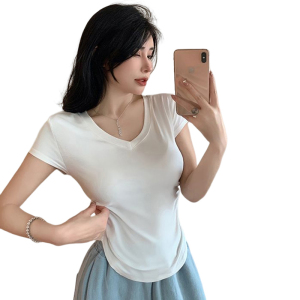 RM13538#夏季辣妹不规则弧形下摆短款纯欲显瘦T恤女短袖抽褶v领上衣