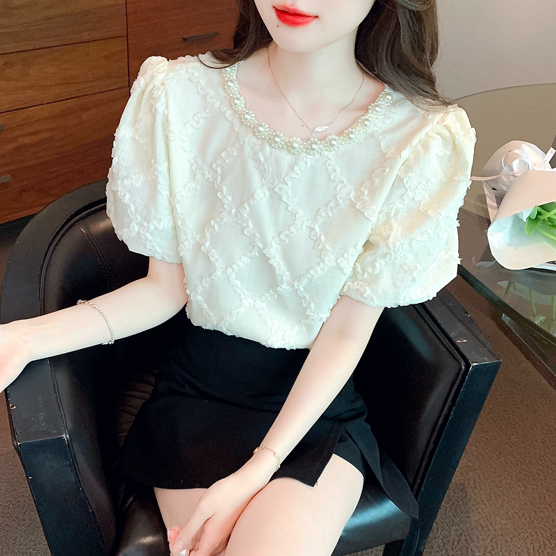 法式菱格提花雪紡短袖女2026夏季新款氣質名媛淑女設計感小眾上衣