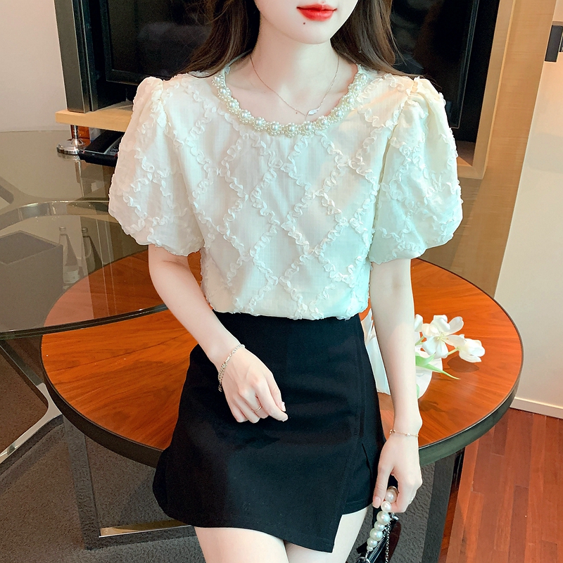 法式菱格提花雪紡短袖女2026夏季新款氣質名媛淑女設計感小眾上衣