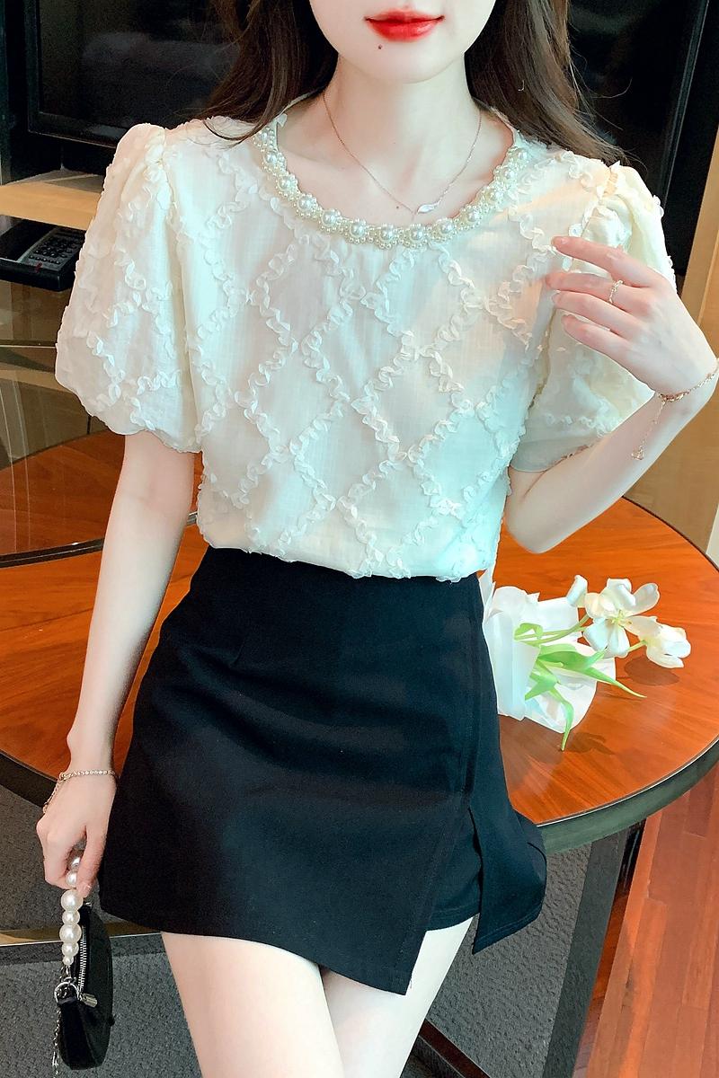 法式菱格提花雪紡短袖女2026夏季新款氣質名媛淑女設計感小眾上衣