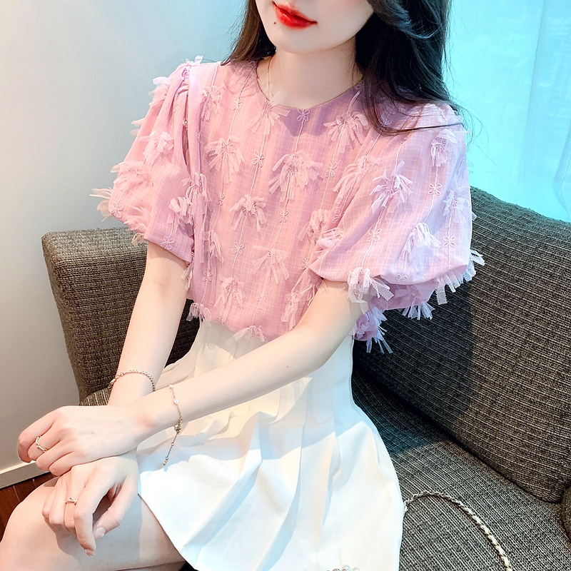 2026韓系超仙網紗花朵流蘇圓領短袖泡泡袖襯衫女小眾洋氣寬松上衣