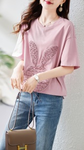 RM16192#粉色短袖t恤女夏2023新款欧货宽松大码休闲体恤洋气减龄显瘦上衣