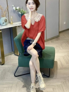 RM11503#娃娃领短袖衬衫女设计感蕾丝V领小衫欧货春夏季2023年新款欧洲站