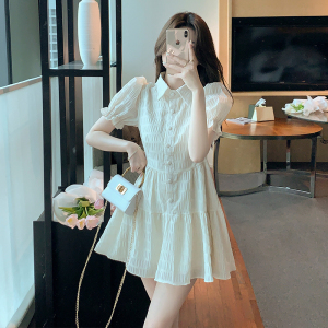RM9251#连衣裙2023夏季新款法式气质显瘦褶皱泡泡袖甜美衬衫裙