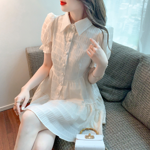 RM9251#连衣裙2023夏季新款法式气质显瘦褶皱泡泡袖甜美衬衫裙