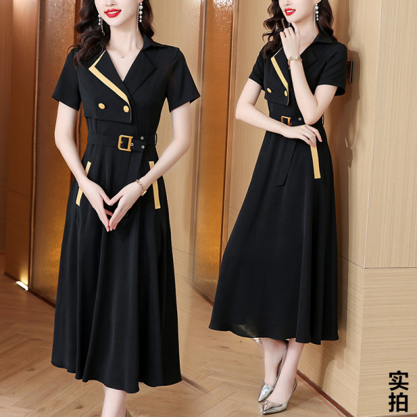 RM18824#黑色高级感连衣裙2023女夏新款腰带修身高端气质超长裙到脚...