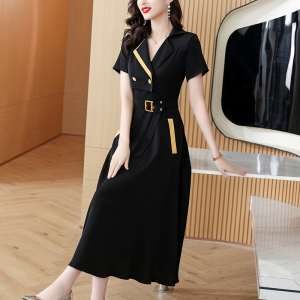 RM18824#黑色高级感连衣裙2023女夏新款腰带修身高端气质超长裙到脚踝