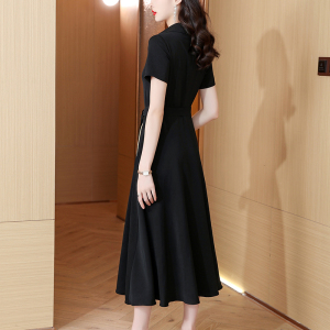 RM18824#黑色高级感连衣裙2023女夏新款腰带修身高端气质超长裙到脚踝