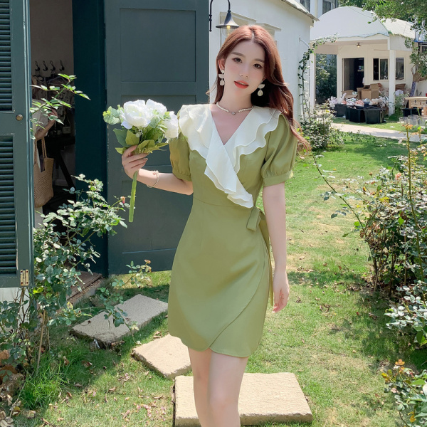 RM9479#夏季新款法式V领短袖荷叶边系带连衣裙收腰显瘦短裙