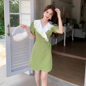 RM9479#夏季新款法式V领短袖荷叶边系带连衣裙收腰显瘦短裙