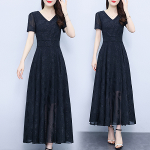 RM13859#短袖连衣裙2023年夏季新款v领拼接雪纺修身显瘦大码女装中长裙子