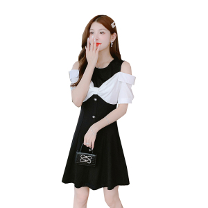 RM14457#韩系小香风甜美显瘦拼色假两件通勤女神范露肩设计感连衣裙夏季款