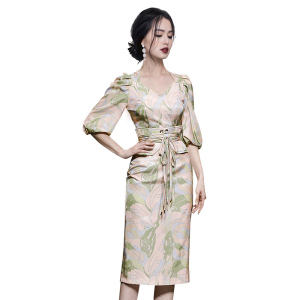 RM9691#夏季新款时尚方领泡泡袖上衣 高腰半身裙腰带印花两件套