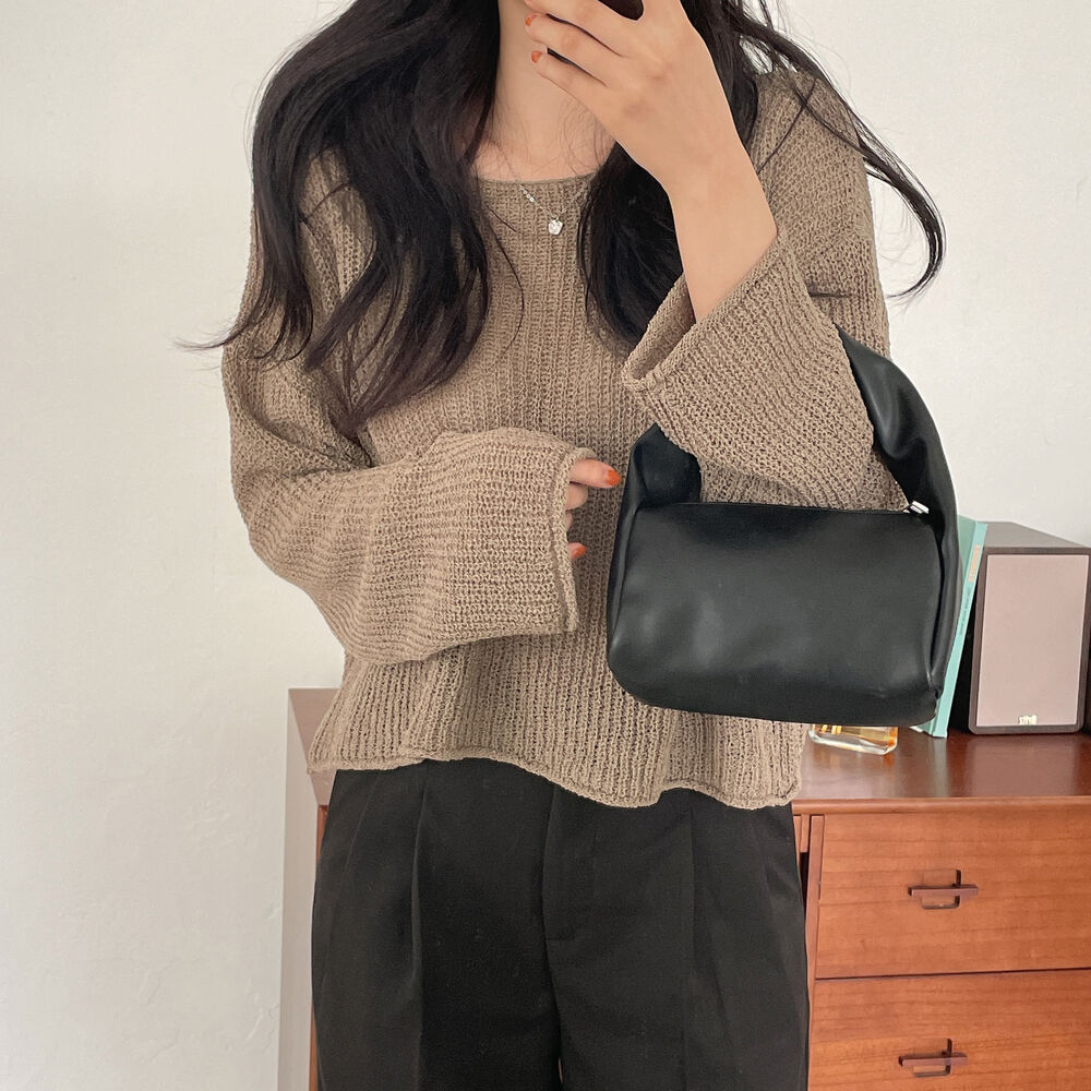 韩版chic宽松圆领短款纯色镂空防晒长袖冰丝上衣针织衫毛衣