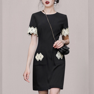 RM9692#夏季新款韩版圆领短袖蕾丝花边收腰显瘦优雅气质连衣裙