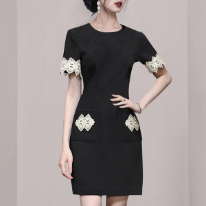 RM9692#夏季新款韩版圆领短袖蕾丝花边收腰显瘦优雅气质连衣裙