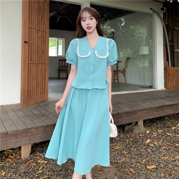 RM10897#大码女装韩版简约V领单排扣减龄衬衣+松紧腰半身裙两件套