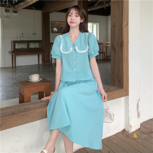 RM10897#大码女装韩版简约V领单排扣减龄衬衣+松紧腰半身裙两件套