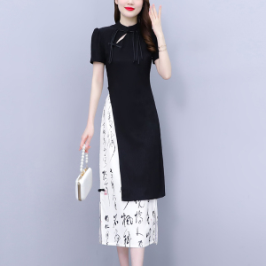 TR30456# 大码女新中式国风不规则收腰显瘦设计感上衣+中式国风书法半身裙