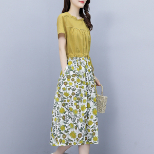 RM9377#大码女装棉麻连衣裙2023夏季新款韩版收腰显瘦碎花中长款裙子