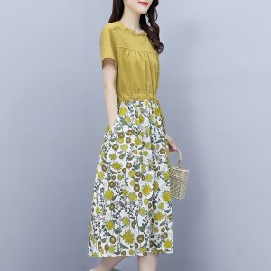RM9377#大码女装棉麻连衣裙2023夏季新款韩版收腰显瘦碎花中长款裙子