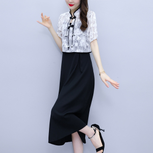 TR30457# 大码女新中式提花盘扣薄款短袖罩衫气质显瘦吊带连衣裙时尚两件套