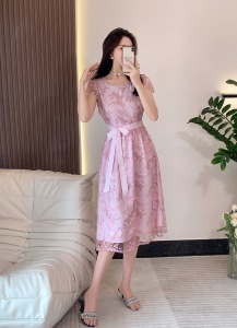 TR42227# 粉色网纱连衣裙女夏季新款高端名媛重工裙子 服装批发女装批发服饰货源