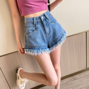 RM9359#高腰脏粉色牛仔短裤女夏2023新款高街ins潮宽松毛边a字显瘦热裤子